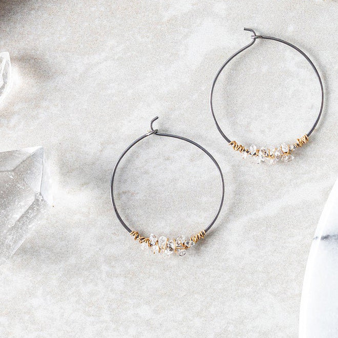 Gunmetal Herkimer Encrusted Hoop Earring
