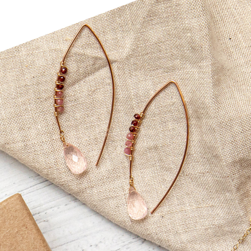 Rose quartz rose gold filled rhodolite garnet wrap earring