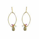 Gold oval hoop earring with wrapped gemstones including moss aquamarine and pink sapphire