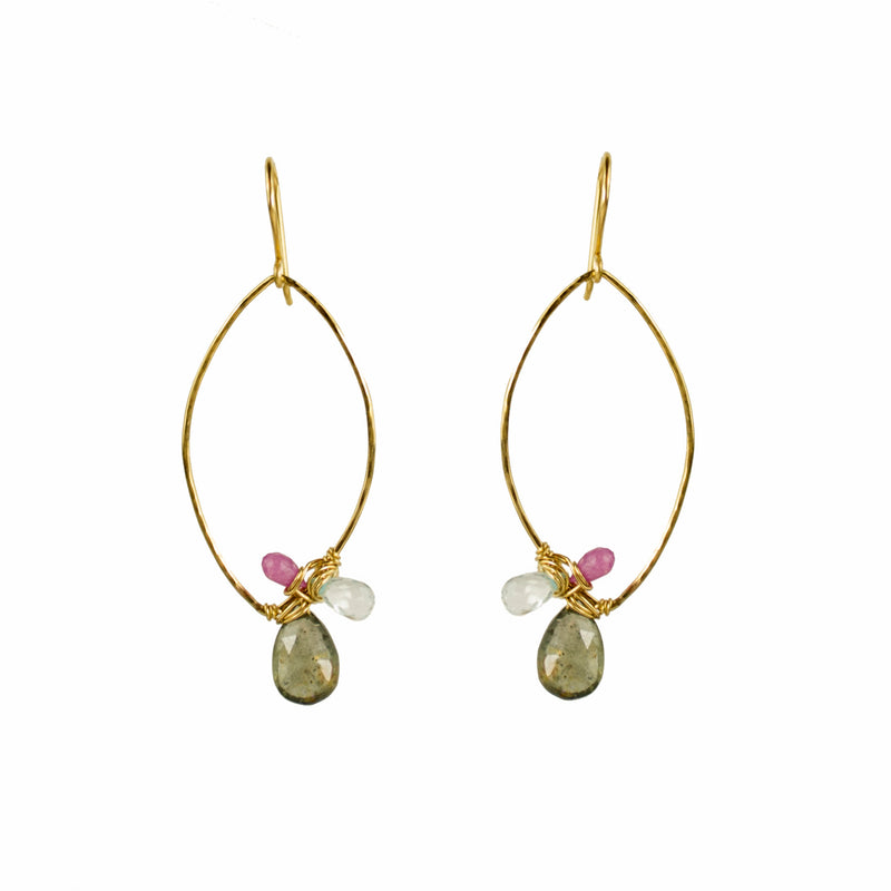 Gold oval hoop earring with wrapped gemstones including moss aquamarine and pink sapphire