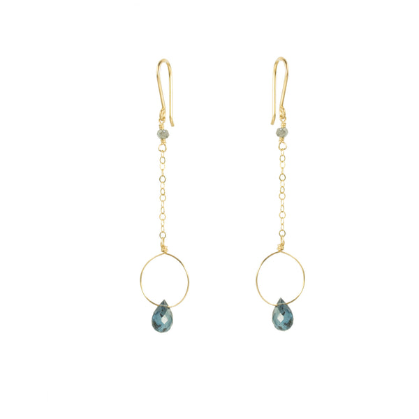 Gold hoop and chain earring with kyanite drop
