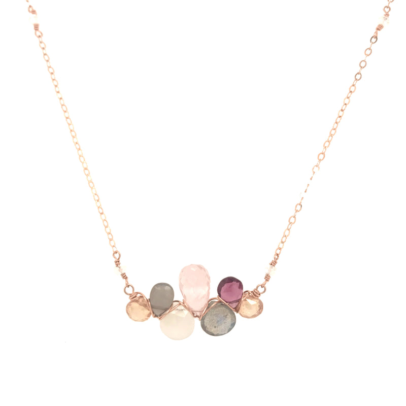 Gemstone pendant necklace with woven wire wraps including rose quartz, moonstone, labradorite, and rhodolite garnet