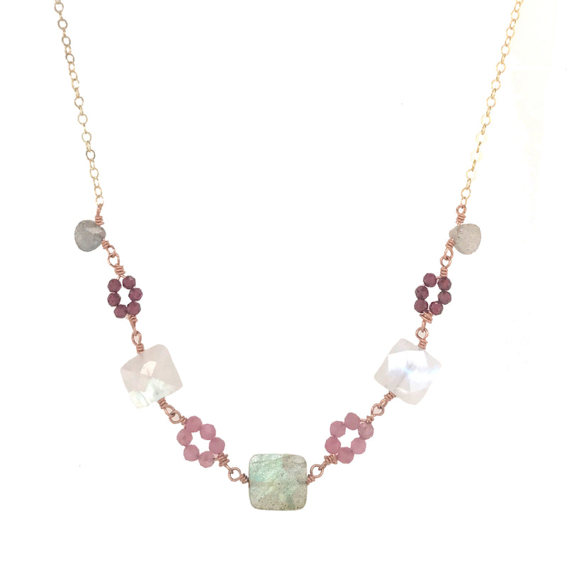 Gemstone links necklace with labradorite, moonstone, rose quartz, and pink tourmaline gemstones in gold and rose gold